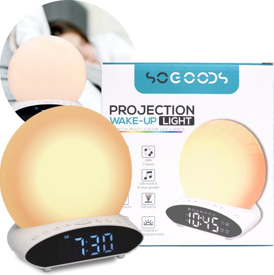 SoGoods - Wake Up Light - Wekkerradio met Projectie - Lichtwekker - Slaaptrainer - Digitale Wekker