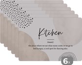 Placemat - Placemats kunststof - Spreuken - Kitchen - Keuken definitie - Quotes - Woordenboek - 45x30 cm - 6 stuks - Hittebestendig - Anti-Slip - Onderlegger - Afneembaar