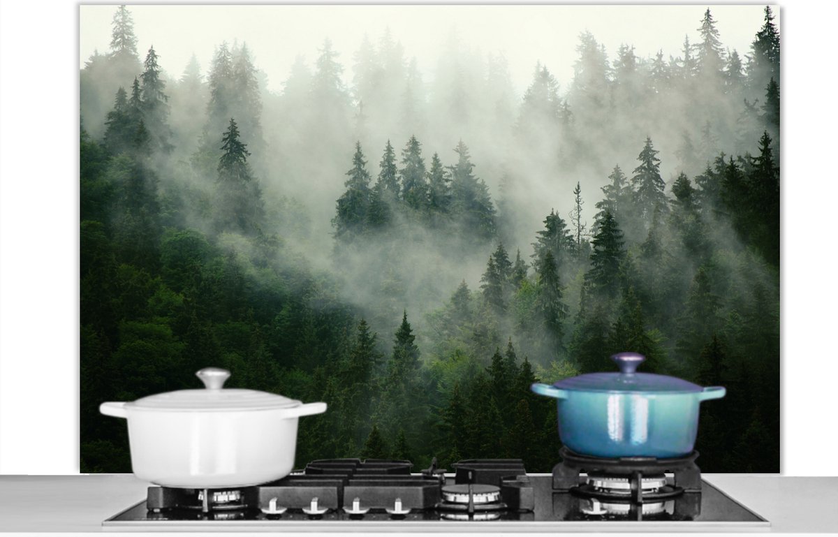 KitchenYeah - Spatscherm - Natuur - Bos - Boom - Berg - Koken - 120x80 cm - Muurbeschermer