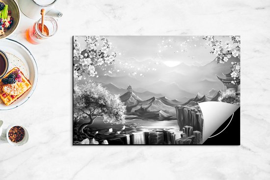 Chefcare Inductie Beschermer Illustratie van Watervallen met Bloesems - Zwart Wit - 80x50 cm - Afdekplaat Inductie - Kookplaat Beschermer - Inductie Mat