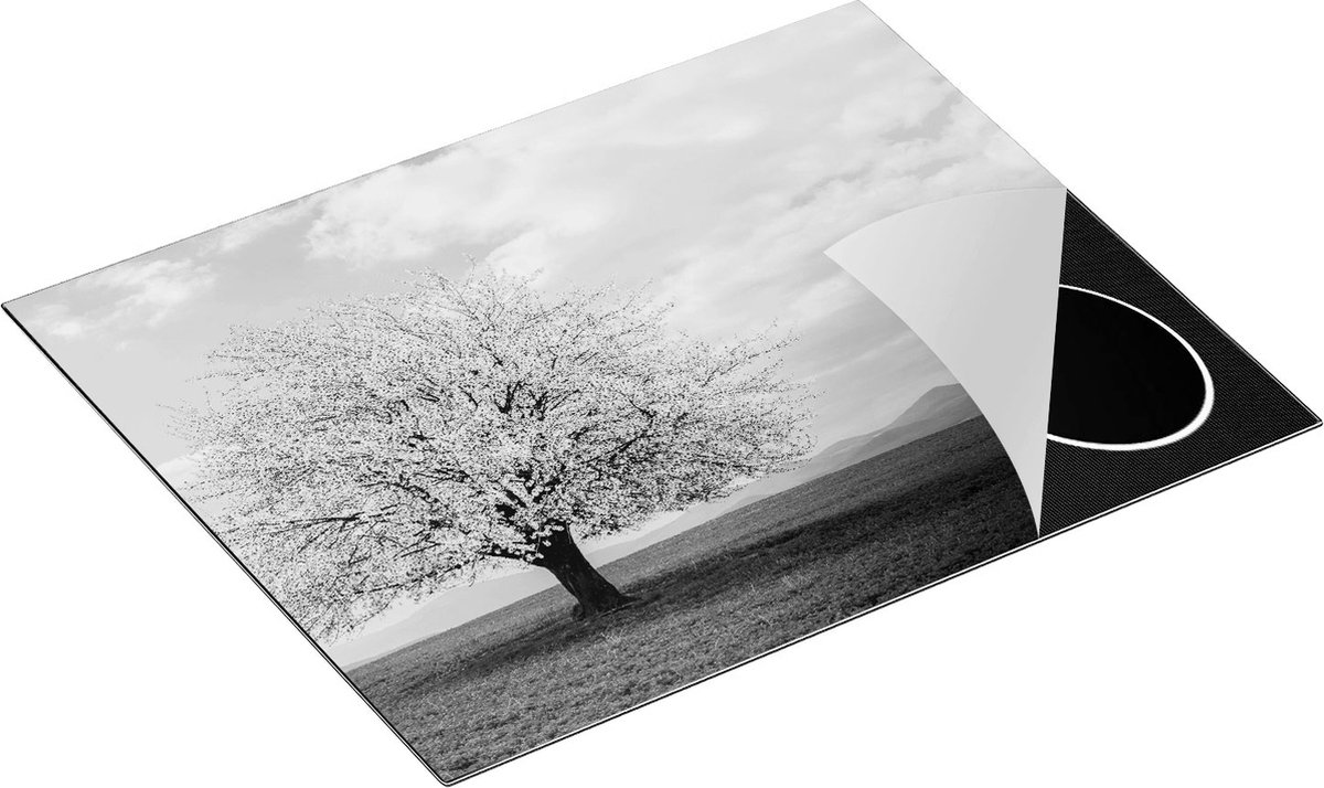 Chefcare Inductie Beschermer Roze Sakura Bloesem Boom in het Groene Veld - Zwart Wit - 65x50 cm - Afdekplaat Inductie - Kookplaat Beschermer - Inductie Mat