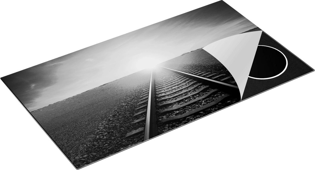 Chefcare Inductie Beschermer Rails Spoorweg in de Woestijn bij Zonondergang - Zwart Wit - 95x50 cm - Afdekplaat Inductie - Kookplaat Beschermer - Inductie Mat