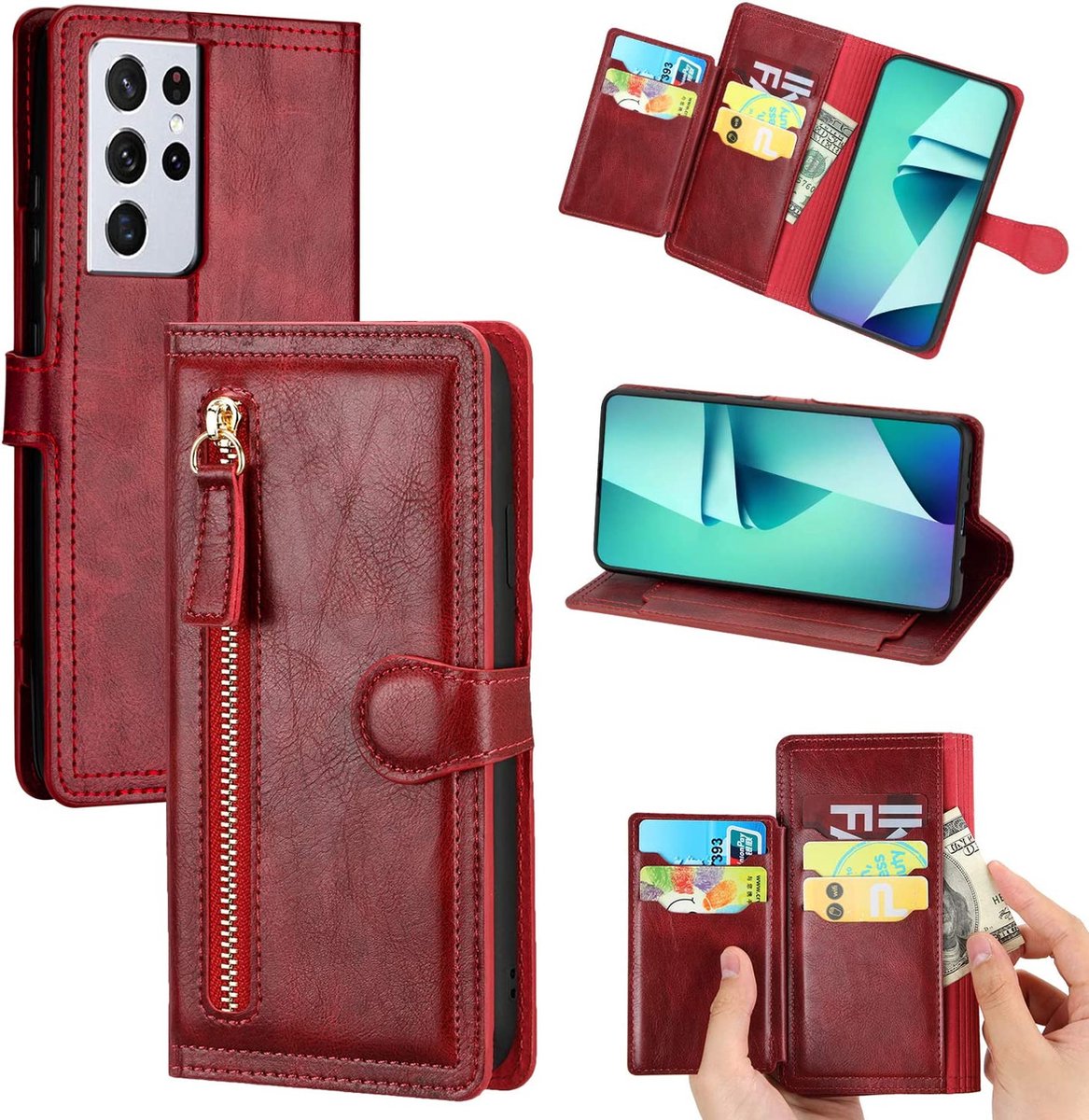 Bookcase Hoesje Geschikt voor: Samsung Galaxy A13 4G met ritssluiting - Flipcover - Magnetisch - 5 kaarten houder - Rood