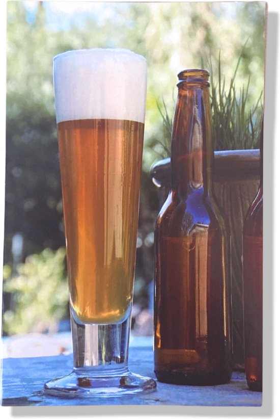Glas bier met schuim en bruine fles bier.