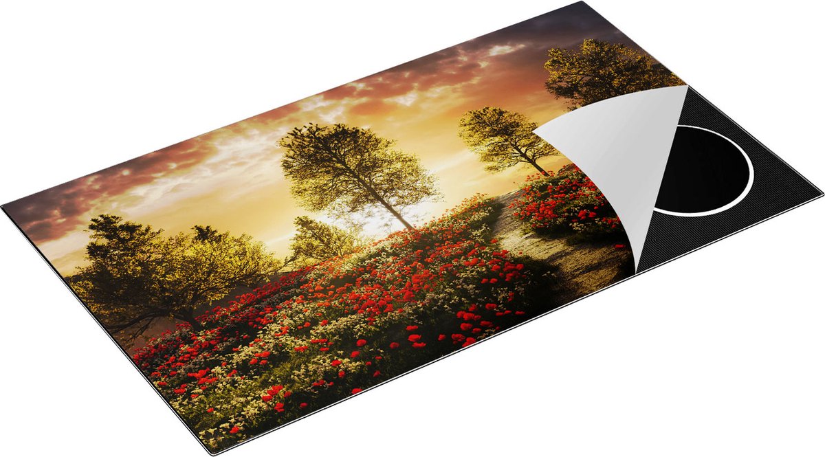 Chefcare Inductie Beschermer Mooi Landschap met Rode Bloemen en Zonsondergang - 91,6x52,7 cm - Afdekplaat Inductie - Kookplaat Beschermer - Inductie Mat