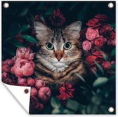 Tuinposter - Kat - Dieren - Bloemen - Tuindoek - Botanisch - 50x50 cm - Tuindecoratie
