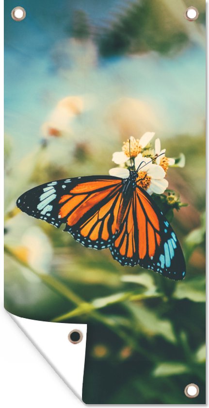 Tuinposter - Vlinder - Bloemen - Wit - Zon - Lente - Tuindoeken voor buiten - 40x80 cm - Tuindoek