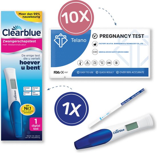 Telano Zwangerschapstesten 10 stuks Extra Vroeg + 1x Clearblue Zwangerschapstest met Wekenindicator - Set