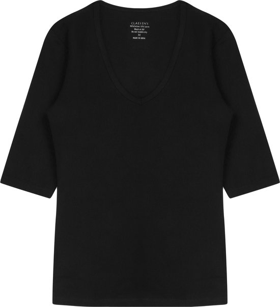 Claesen's® - Dames 3/4 Sleeve V-Neck T-Shirt - Zwart - 5% Lycra - 95% Katoen