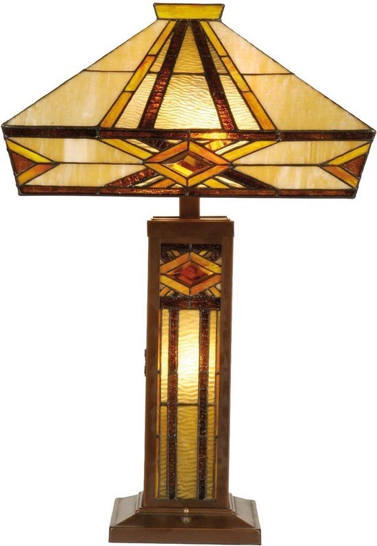 LumiLamp Tiffany Tafellamp 42*42*71 cm E27/max 2*60W / E14/max 1*15W - Beige Bruin Glas in lood
