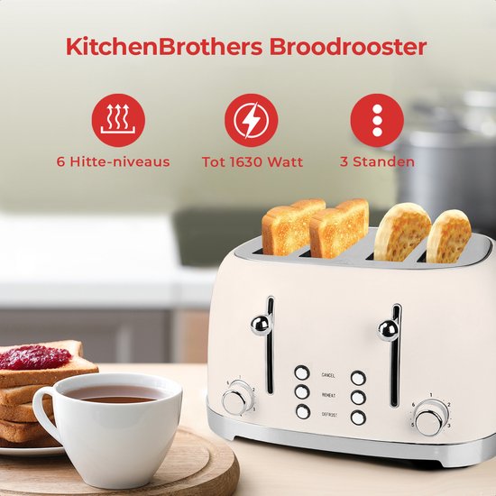 KitchenBrothers Retro Broodrooster - 6 Warmteniveaus - 4 Extra Brede Sleuven - 1630W - Reheat en Ontdooi-functie - Beige