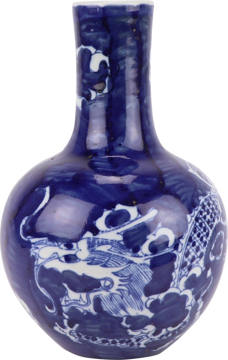 Fine Asianliving Chinese Vaas Blauw Wit Porselein Draak D15xH23cm Blauw, Wit