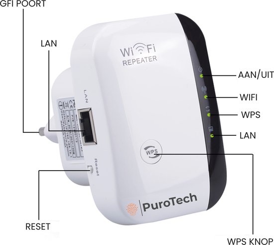 Répéteur Wifi PuroTech - Zwart - Prise amplificateur Wifi 300Mbps - 2,4 GHz  - Câble