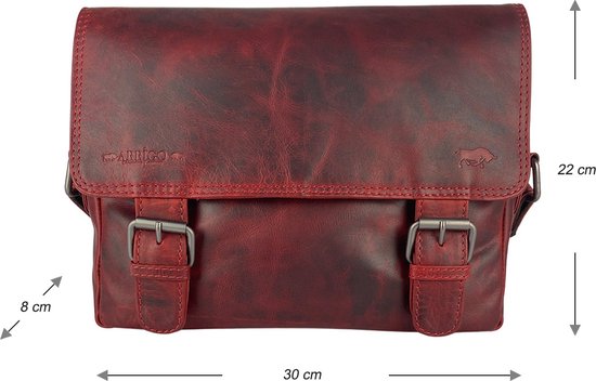Sac bandoulière en cuir rouge, 30 x 8 x 22 cm, avec boucles et logo taureau.