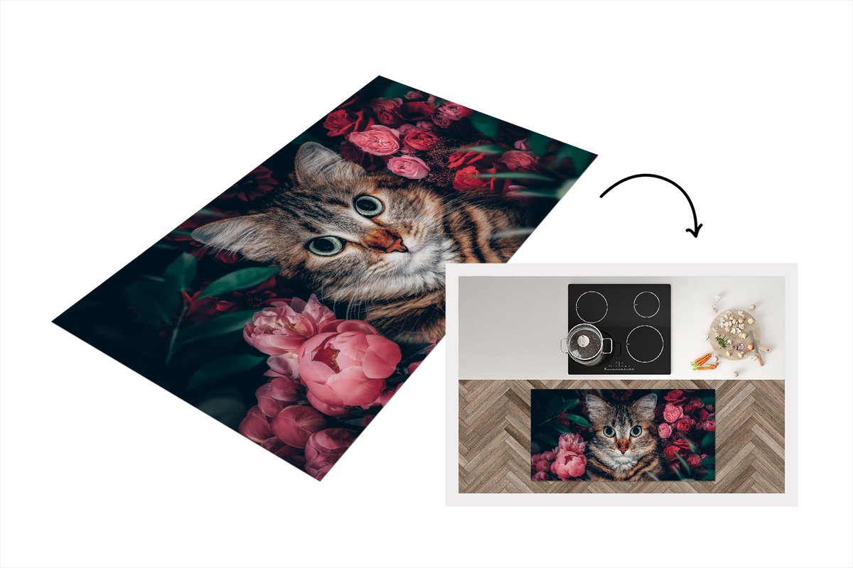 KitchenYeah Keukenloper - Loper keuken - Kat - Bloemen - Bladeren - Botanisch - 120x60 cm - Keukenloper vinyl Multicolor