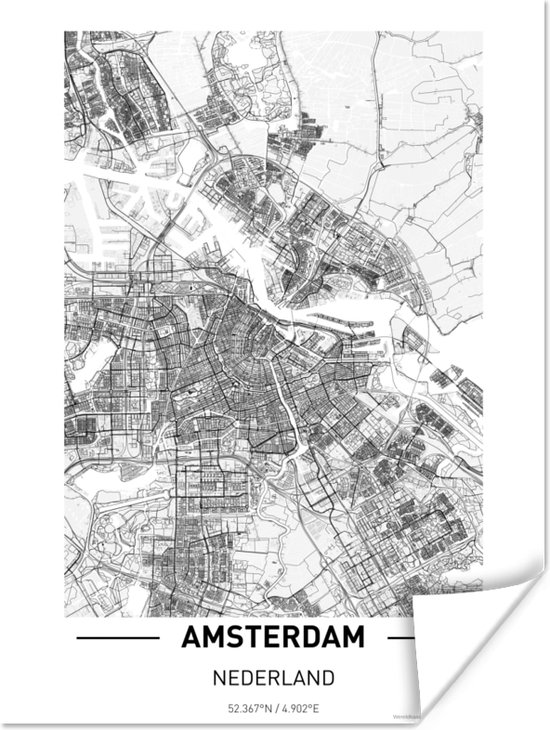 Poster Carte - Amsterdam - Zwart - Wit - 120x160 cm XXL