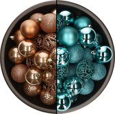 Bellatio Decorations Kerstballen mix - 74-delig - turquoise blauw en camel bruin - 6 cm - kunststof
