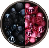 Bellatio Decorations Kerstballen mix - 74-delig - fuchsia roze en donkerblauw - 6 cm - kunststof