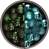 Bellatio Decorations Kerstballen mix - 74-delig - donkergroen en turquoise - 6 cm - kunststof