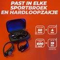 Zwarte oordopjes met oplaadcase, tonen batterijduur: 4 uur per oordop, 19 uur met case.