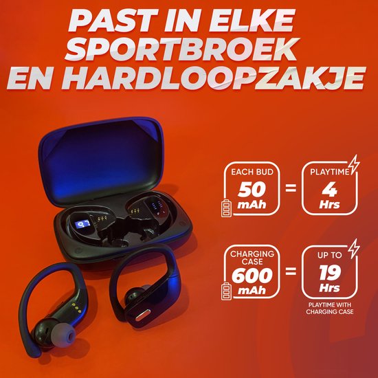 Zwarte oordopjes met oplaadcase, tonen batterijduur: 4 uur per oordop, 19 uur met case.