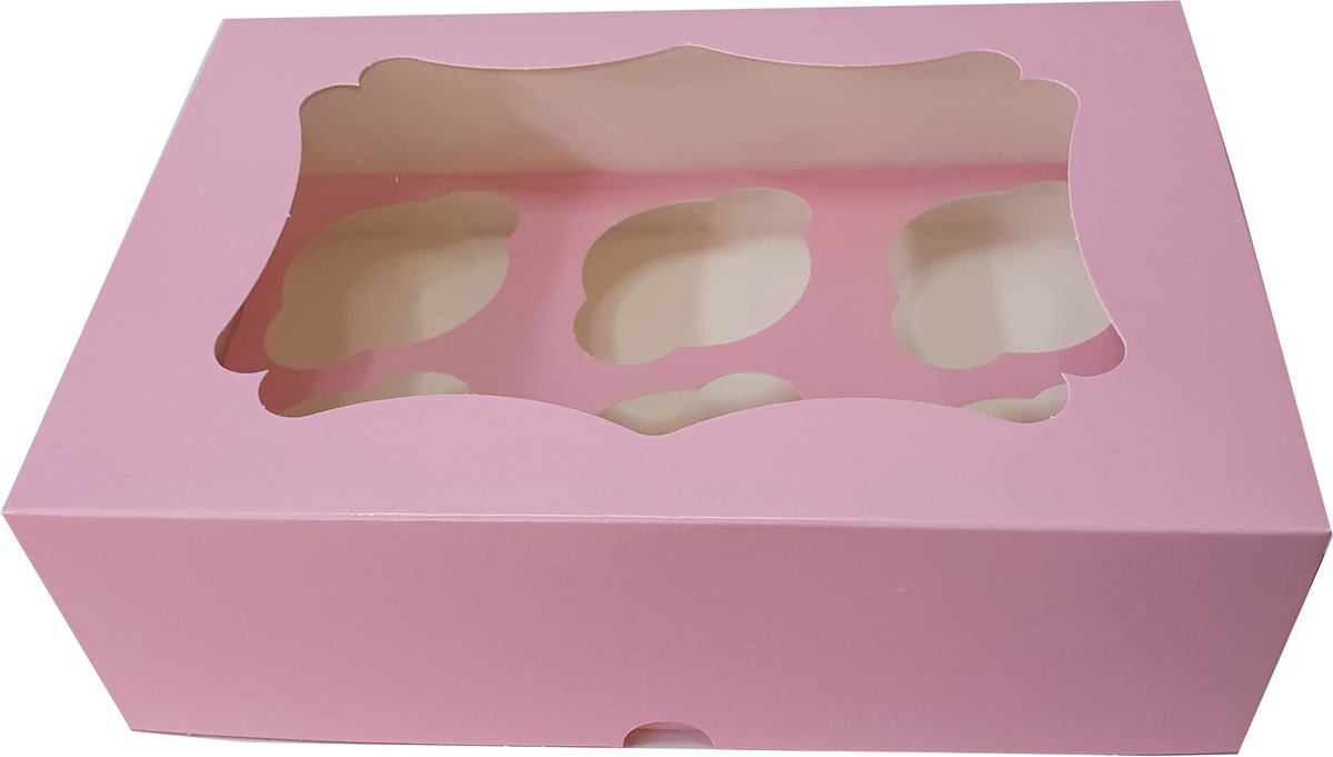 Roze doos voor 6 cupcakes met sierlijk venster (25 stuks)