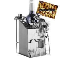 BRUBAKER Wijnflessenhouder huis met dakdekker- timmermann op dak - flessenhouder - decoratief metalen beeldje - wijngeschenk - flessenstandaard met wenskaart, cadeau voor ambachtslieden - Wijnrek