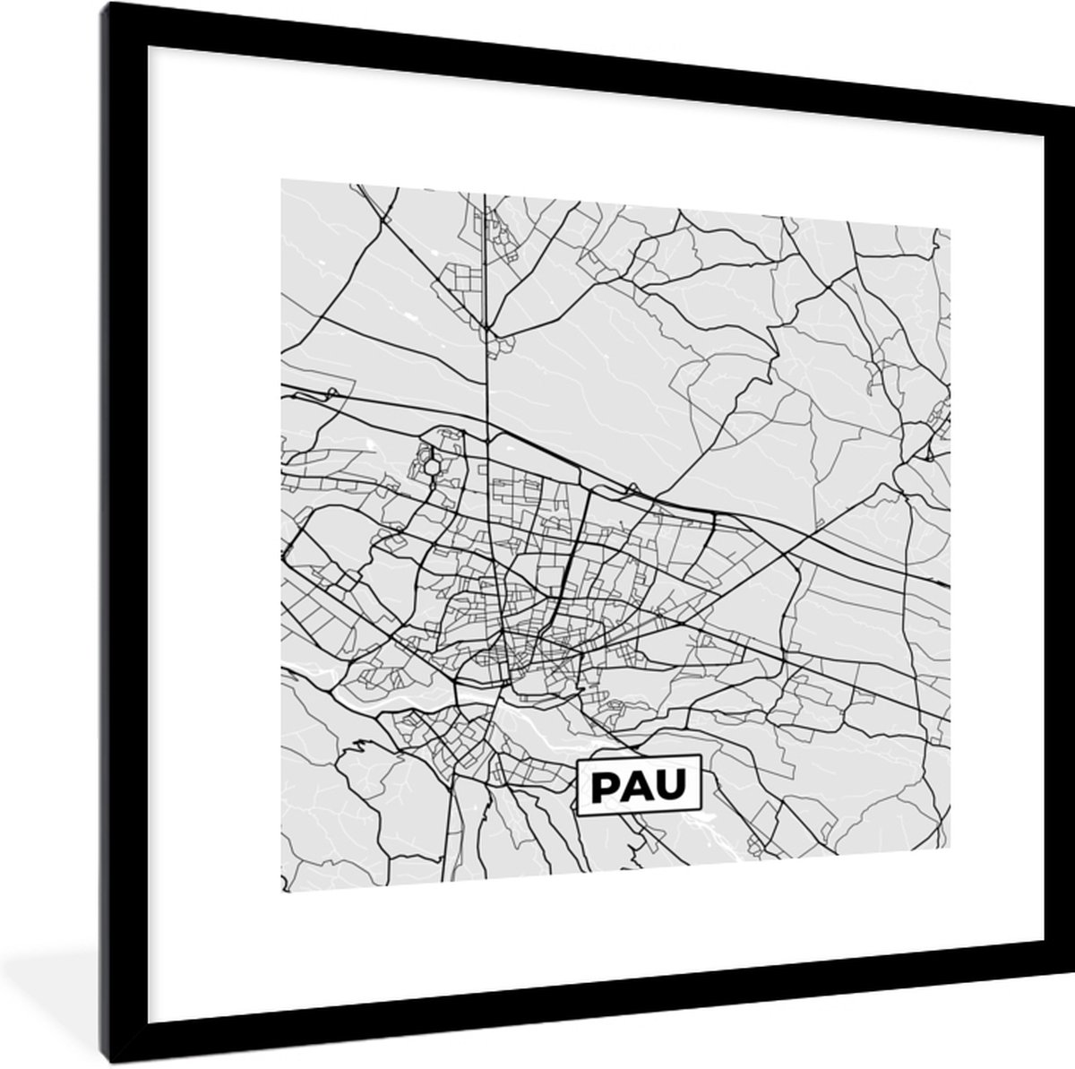 Fotolijst incl. Poster - Stadskaart - Frankrijk - Kaart - Pau - Plattegrond - 40x40 cm - Posterlijst