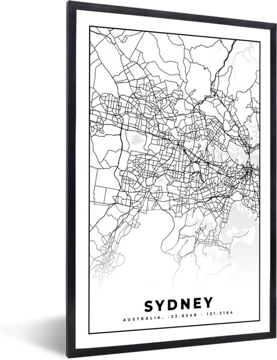 Fotolijst incl. Poster Zwart Wit- Sydney - Zwart Wit - Plattegrond - Stadskaart - Kaart - 20x30 cm - Posterlijst