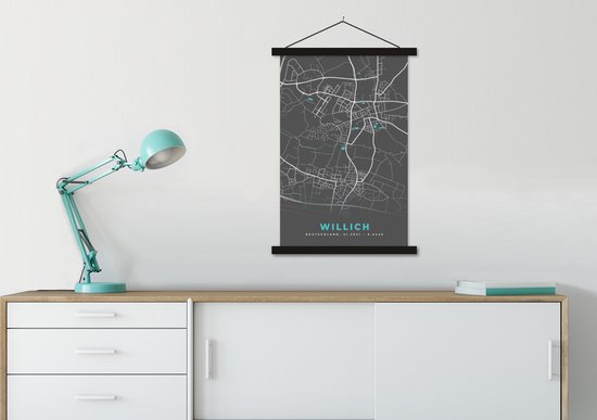 Porte-affiche avec affiche - Affiche scolaire - Plan de la ville - Carte - Willich - Blauw - Allemagne - Carte - 60x90 cm - Lattes noires