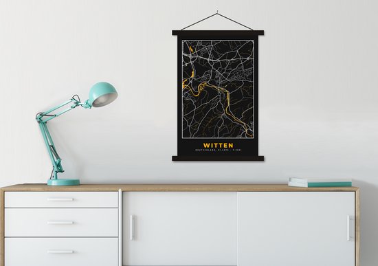 Porte-affiche avec affiche - Affiche scolaire - Witten - Or - Plan de la ville - Plan d'étage - Carte - Allemagne - 60x90 cm - Lattes noires