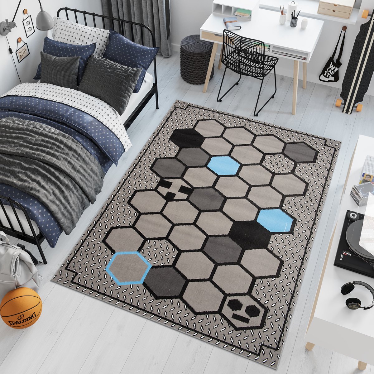 Tapiso Patras Vloerkleed Grijs Blauw Zwart Jeugdkamer Kinderkamer Kleed Tapijt Maat- 140x2