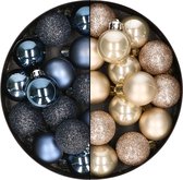 28x stuks kleine kunststof kerstballen donkerblauw en champagne 3 cm - kerstversiering