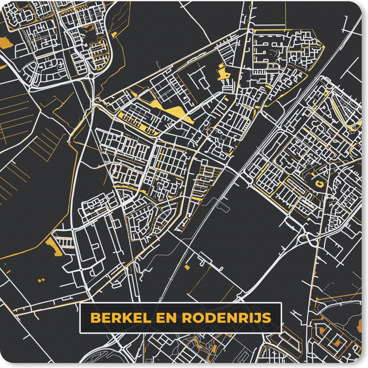Muismat 20x20 cm - Mousepad Berkel en Rodenrijs - Black and Gold - Stadskaart - Plattegrond - Kaart - Muismatten - Stadskaart