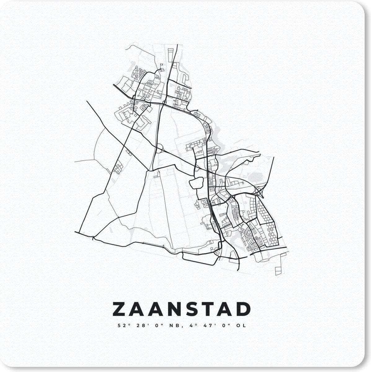 Muismat 20x20 cm - Mousepad Plattegrond – Zaanstad – Zwart Wit – Stadskaart - Kaart - Nederland - Muismatten - Stadskaart