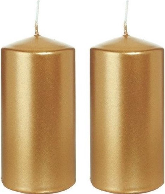 2x Gouden cilinderkaarsen/stompkaarsen 6 x 12 cm 40 branduren - Geurloze goudkleurige kaarsen - Woondecoraties