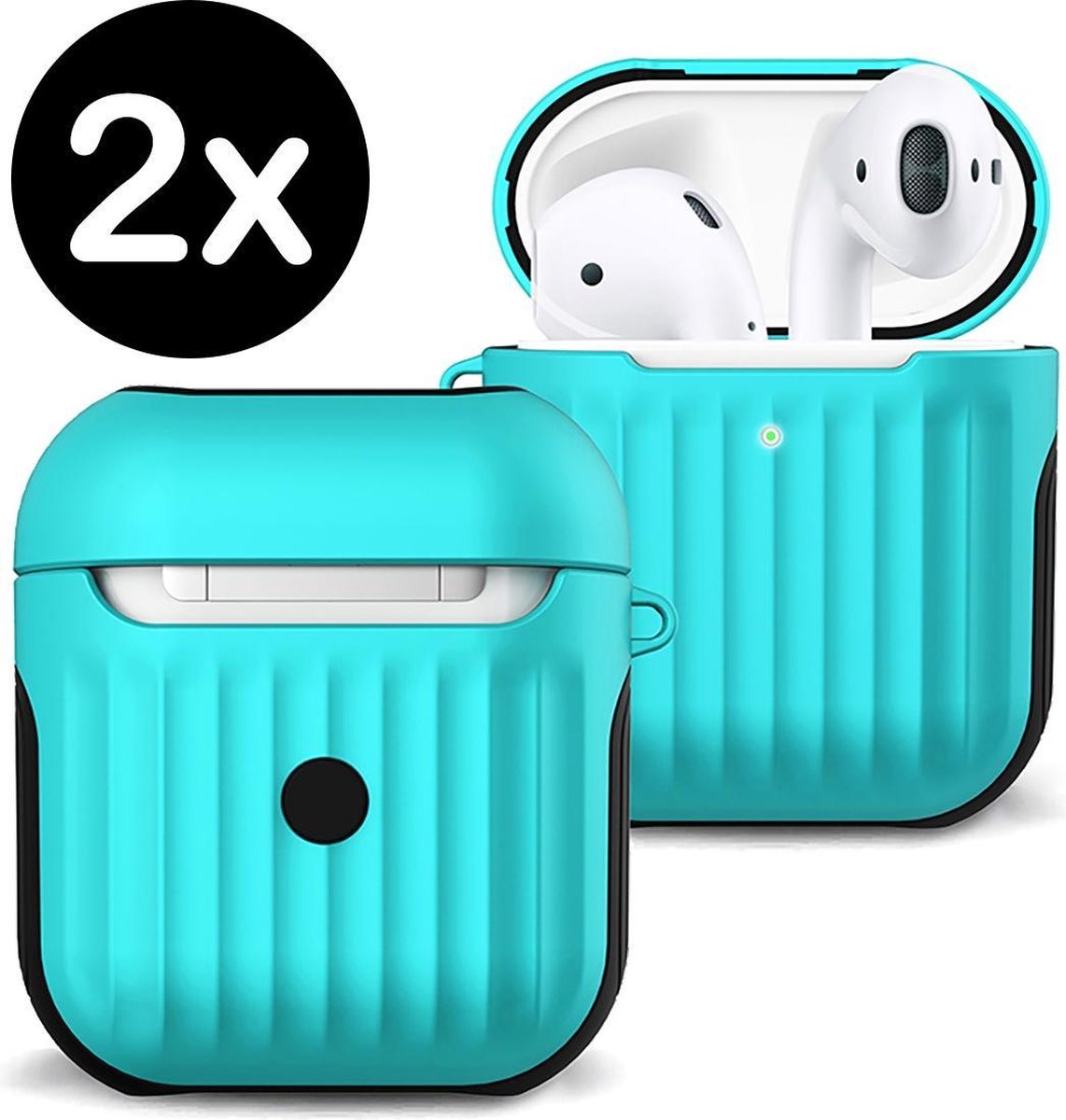 Case Geschikt voor AirPods 2 Hoesje Hoes Hard Cover Ribbels - Hoesje Geschikt voor Apple Airpods 2 Case Met Ribbels - Mintgroen - 2 PACK