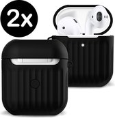Hoes Voor Apple AirPods Case Hoesje Hard Cover Ribbels - Zwart - 2 PACK