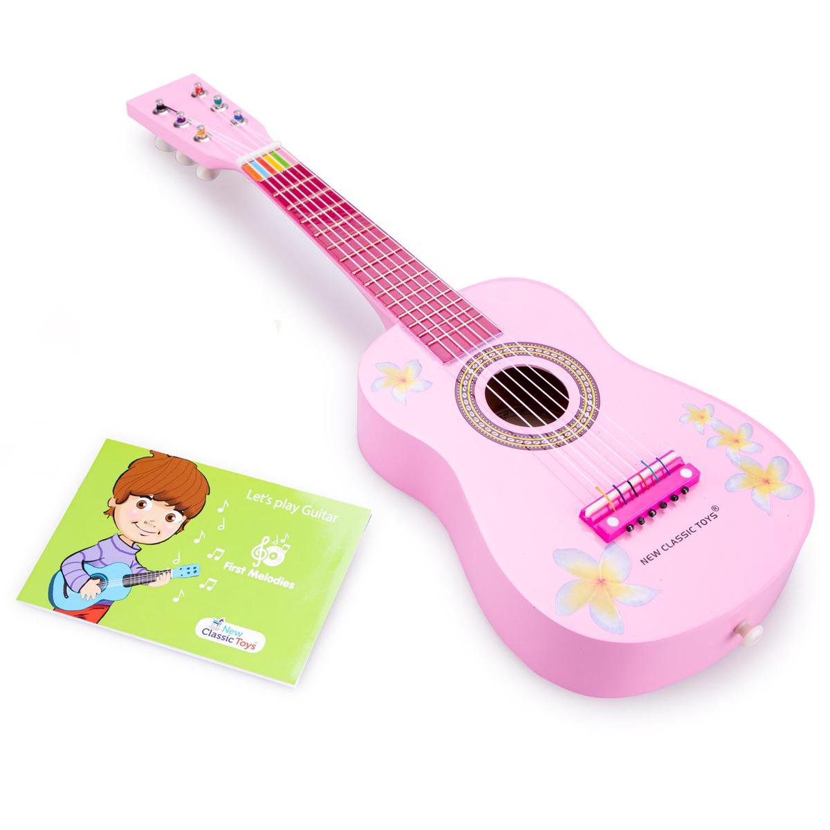 New Classic Toys Houten Speelgoed Gitaar met Muziekboekje - Inclusief Draagriem - Roze met Bloemen