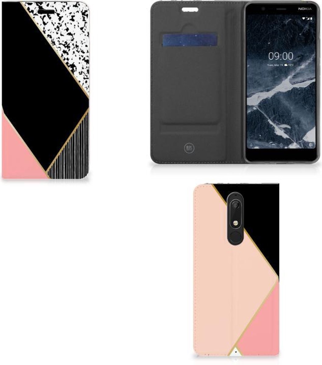 Nokia 5.1 (2018) Stand Case Zwart Roze Vormen