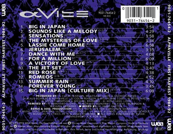 Achterkant albumhoes met tracklist, titels en artiesteninformatie. Titel 'FIRST HARVEST 1984-92'.