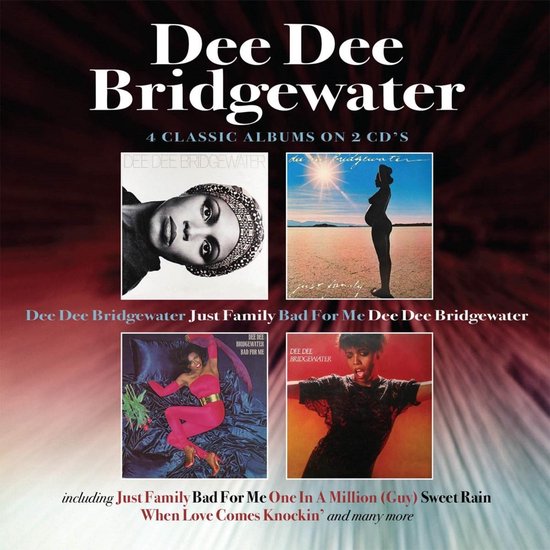 Dee Dee Bridgewater 4 klassieke albums op 2 CD's: haar portret, zwanger silhouet, in roze outfit, en in glitter top.