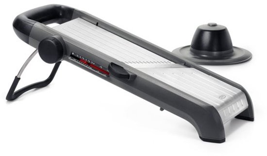 Een donkergrijze mandoline met een apart geplaatste restenhouder.