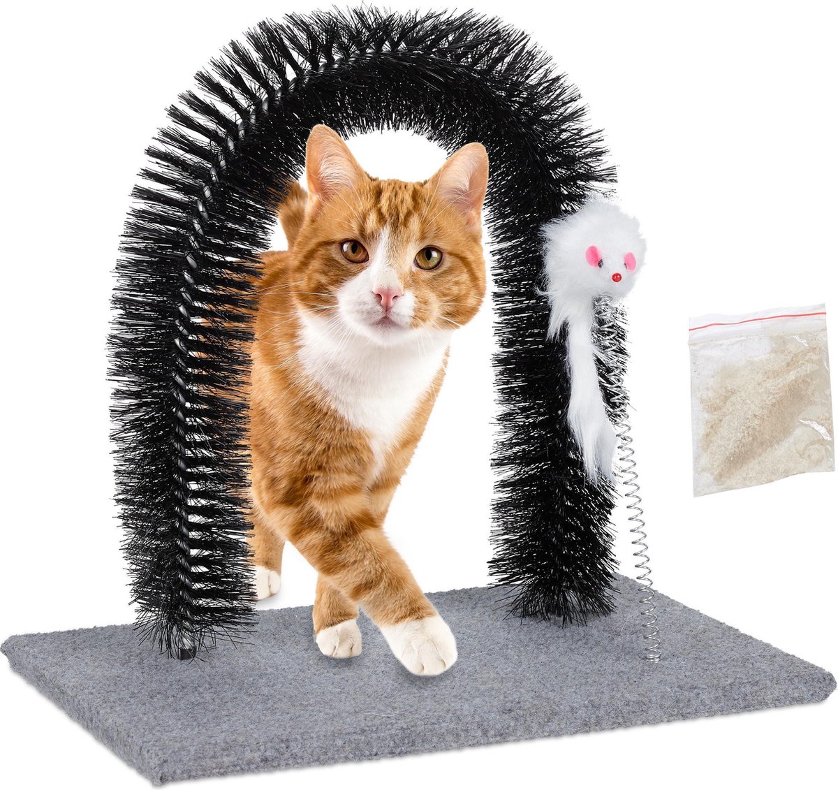 Relaxdays kattenboog - vachtverzorging kat - massageborstel - speelgoed - ontharing - grijs