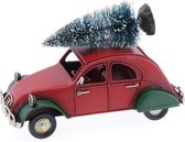 Kerstdecoraties - Metalen Auto Met Kerstboom Rood ''eend'' 16x6x10cm
