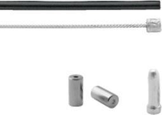 Zwarte buitenkabel, stalen binnenkabel met nippel, en 3 metalen nippels.
