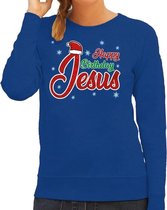 Foute Kersttrui / sweater - Happy Birthday Jesus / Jezus - blauw voor dames - kerstkleding / kerst outfit M (38)