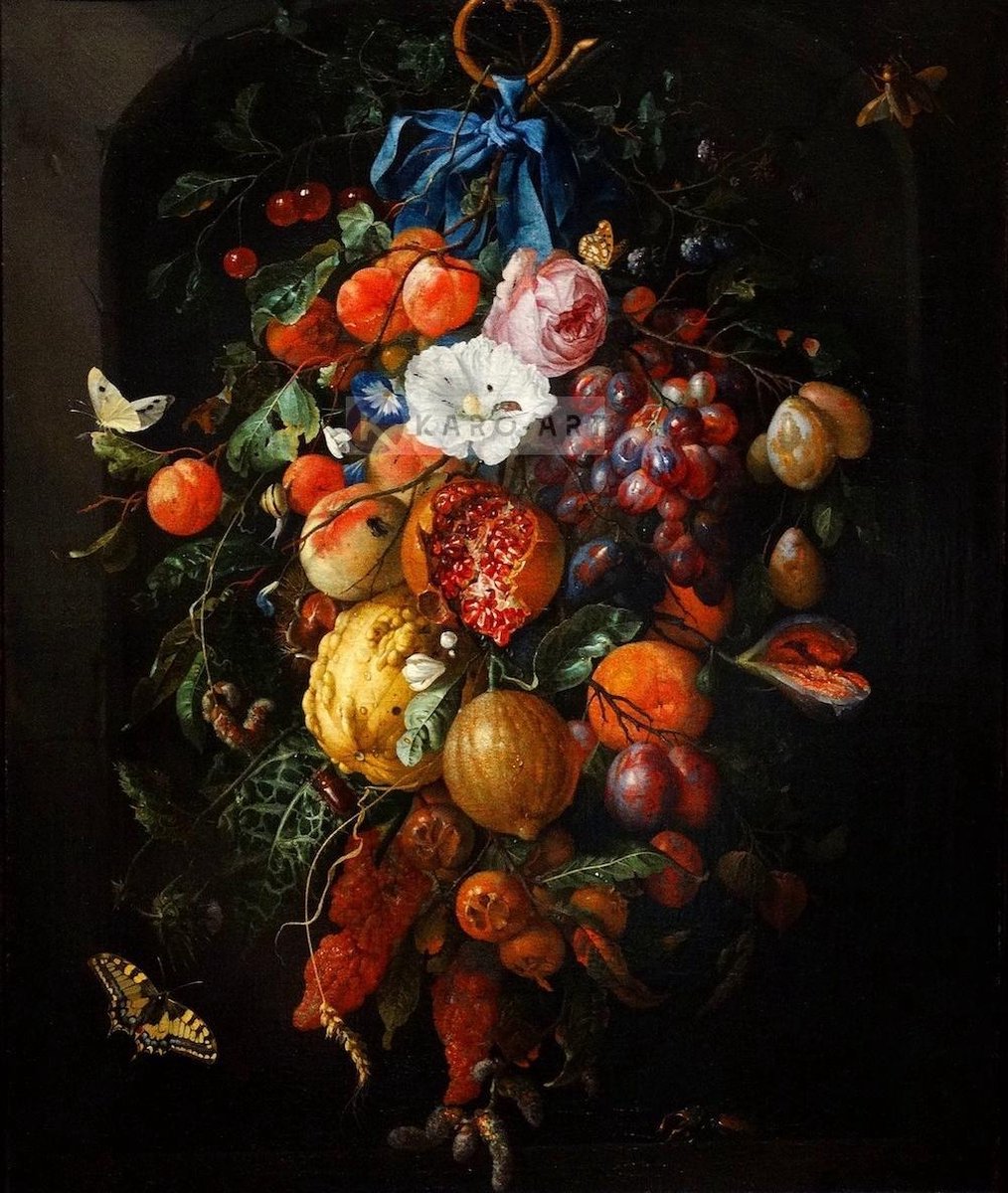 karo-art Schilderij - Festoen van vruchten en bloemen, Jan davidsz de Heem, Print op canvas Multikleur