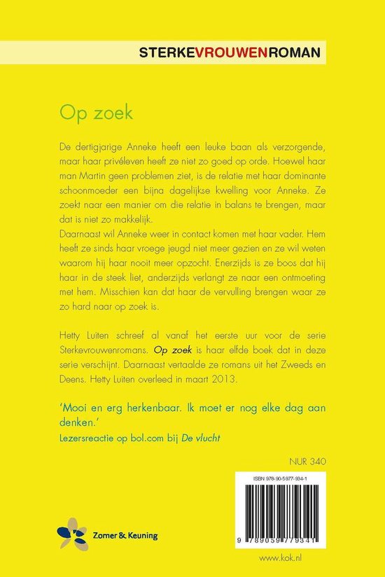 Boekomslag met de titel 'Op zoek' van 'Sterke Vrouwen Roman'. Een boek over Anneke die op zoek is naar haar vader, maar vooral naar zichzelf.