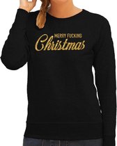 Foute Kersttrui / sweater - Merry Fucking Christmas - goud / glitter - zwart - dames - kerstkleding / kerst outfit XS (34)